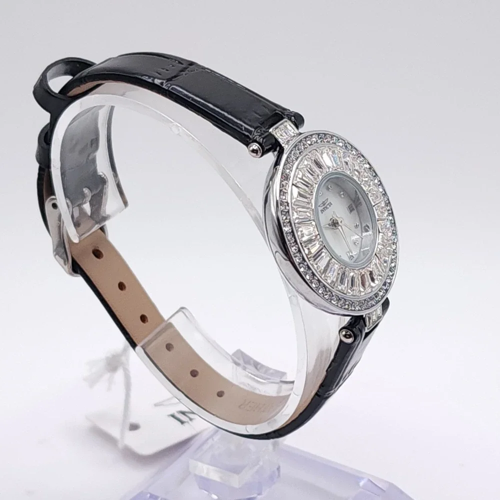 Invicta Celestial 70351 Womens Watch Silver Crystal Black Leather 30mm NEW